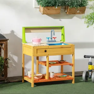 Outsunny Outdoor Wooden Mud Kitchen Playset for Kids Ages 3-8 | Realistic Play Kitchen Toys with Faucet, Sink, and Storage Shelves | A Great Gift for Boys and Girls | Fun and Durable for Outdoor Play