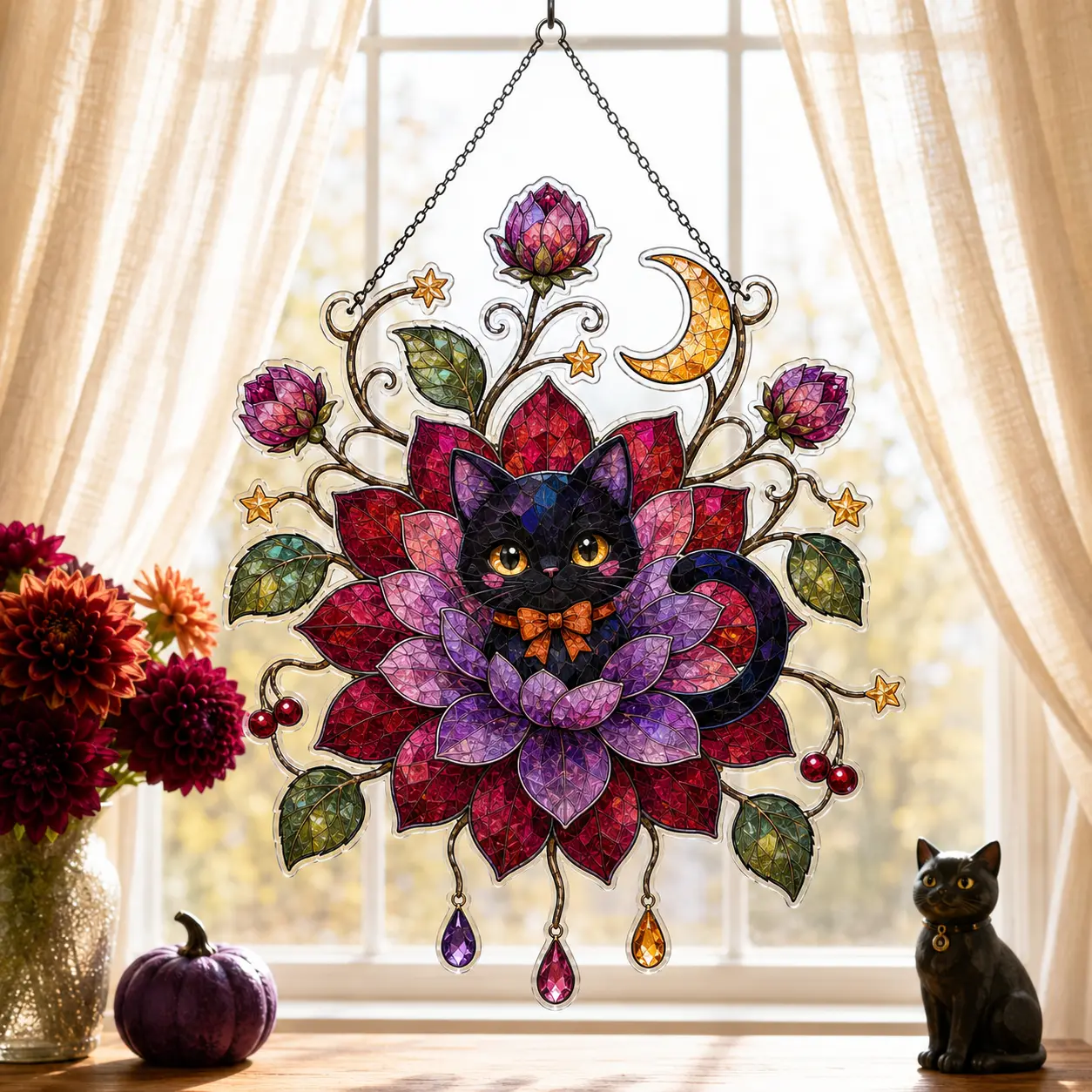 Halloween Black Cat Floral Acrylic Suncatcher, Faux Stained Glass Window Hanging, Witchy Moon Fall Home Decor