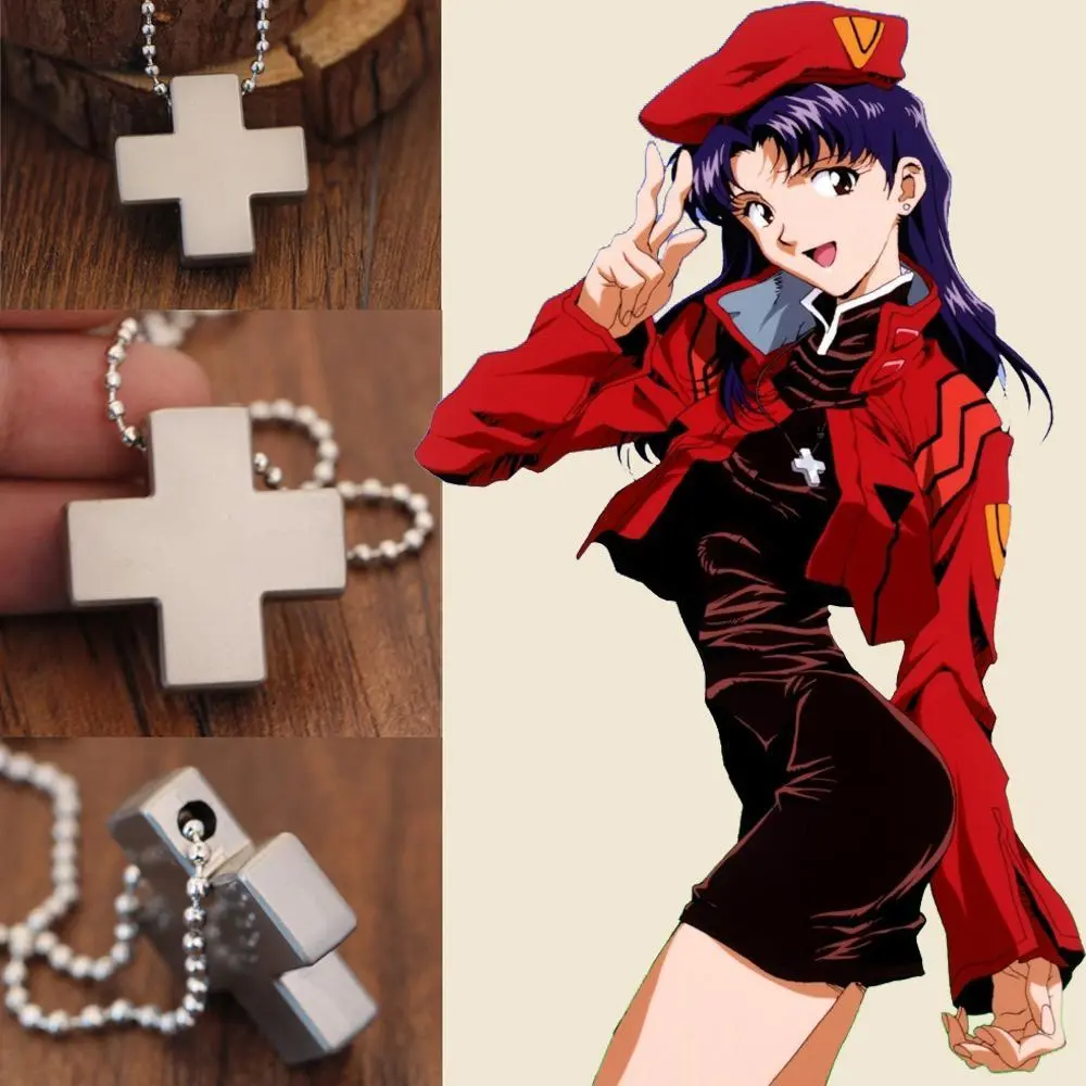 Stainless Steel Cross Pendant Anime EVA Katsuragi Misato Necklace for Women Cosplay Jewelry Beads Chain Charms Amulet Necklaces