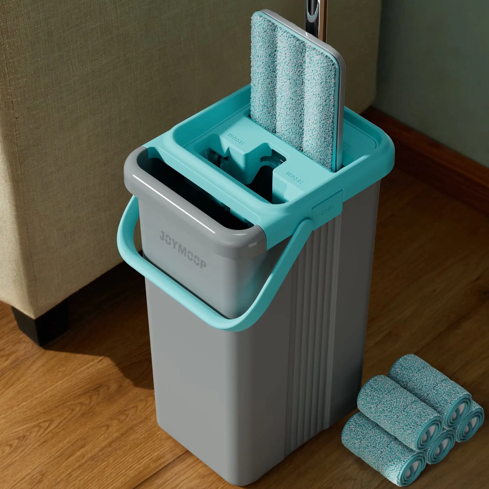 JOYMOOP Mop and Bucket with Wringer Set, White Flat Squeeze Mop Bucket Set for Floor Cleaning, Wet Dry Mops for Walls, Wall Cleaner with Long Handle, Hardwood Floor Mop-5 Microfiber Cloths