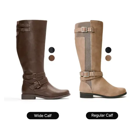 JUST FAB Womens Knee High Boots Eco Leather Riding Boots Knee High Boots for Women Low Heel Casual Boots for Women Brown boots for fall Wide Calf Size Up SohoChic BackToSchool
