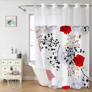 Floral Pattern Shower Curtain, Waterproof Bathroom Curtain with Snap-in Fabric Lining, Bathroom Accessories, Home Decor Supplies, Bathroom Decoration Accessories