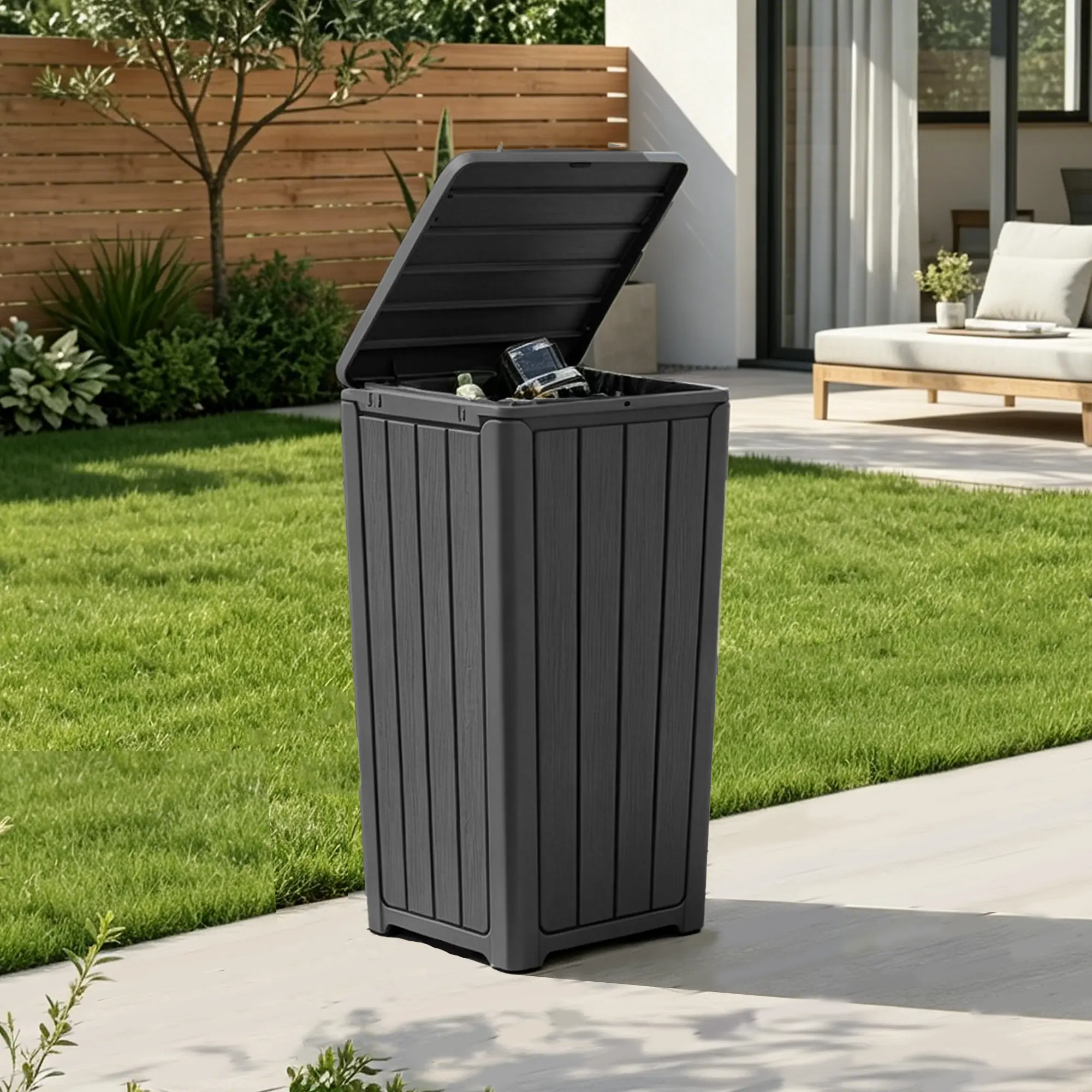 BIFANUO 23 Gal Large Outdoor Garden Bin with Lid, Waterproof Vertical Stripe Black Garbage Can, UV-Resistant Single Unit for Patio Courtyard, Garbage Cans for Kitchen Waste Storage