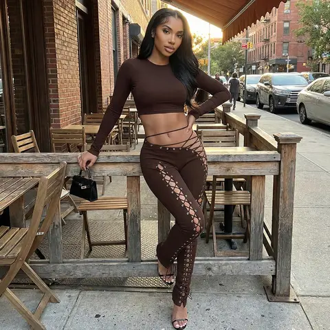 Women's 2-Piece Quick-Dry Knitting Sportswear Set - Lace-Up Adjust Long Sleeve Slim-Fit Contour Crop Top, Asymmetrical Cutout Low-Rise Y2K Streetwear Pants, Gym OOTD Going-Out Matching Set