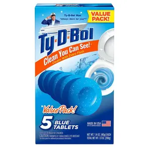 Ty-D-Bol 1.4 oz. Toilet Bowl Cleaning Tablets (5-Tablets), in-tank tablet, automatic toilet cleaner, deodorizer, blue detergent,visible clean,continuous cleaning,every flush,prevents limescale,rust stain remover,hard water prevention,water-soluble coating