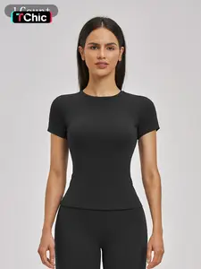 Women's Fitted Yoga T-Shirt, Short Sleeve Round Neck, Waist Cinched, Outdoor Sports Running Fitness, Cross-Border Flannel Yoga Wear