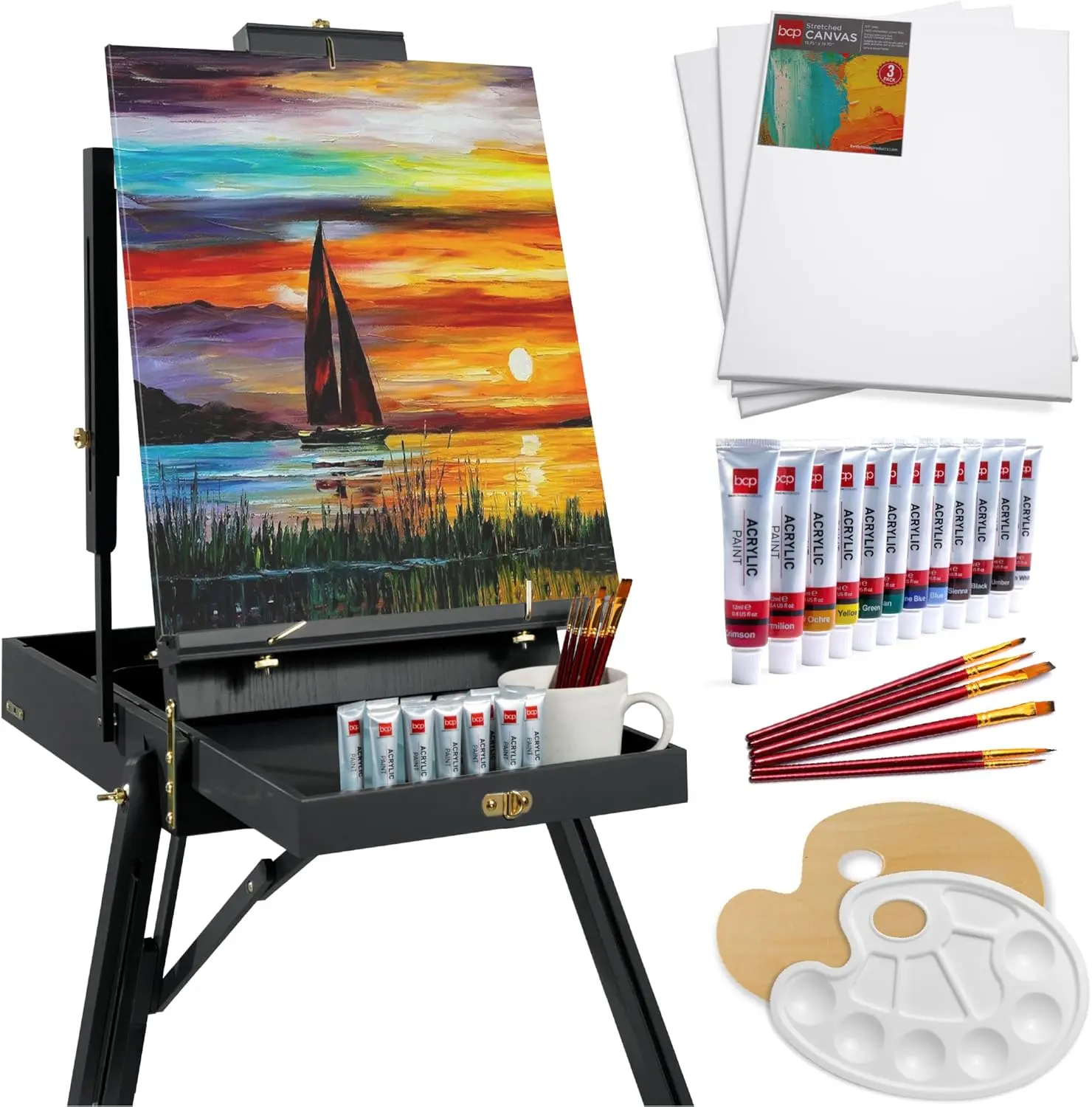 Art Easel for Painting, Portable Wooden Adjustable Artist Tripod with Sketch Box, 32-Piece Art Set with Acrylic Paints, Brushes, Canvases & Palette - Black