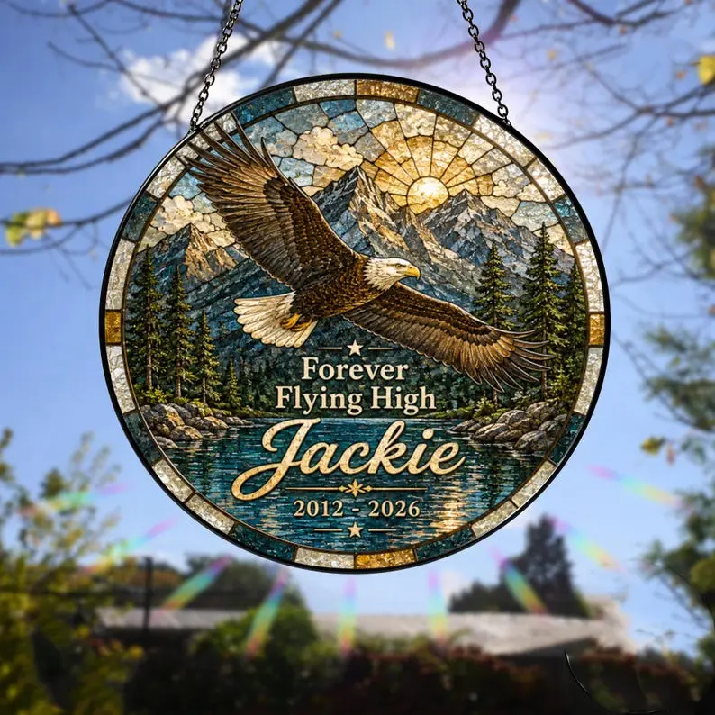 Fly Free Jackie Stained Glass Suncatcher, Jackie the Eagle Tribute Window Hanging, Big Bear Eagle Gift, Bald Eagle Memorial Ornament