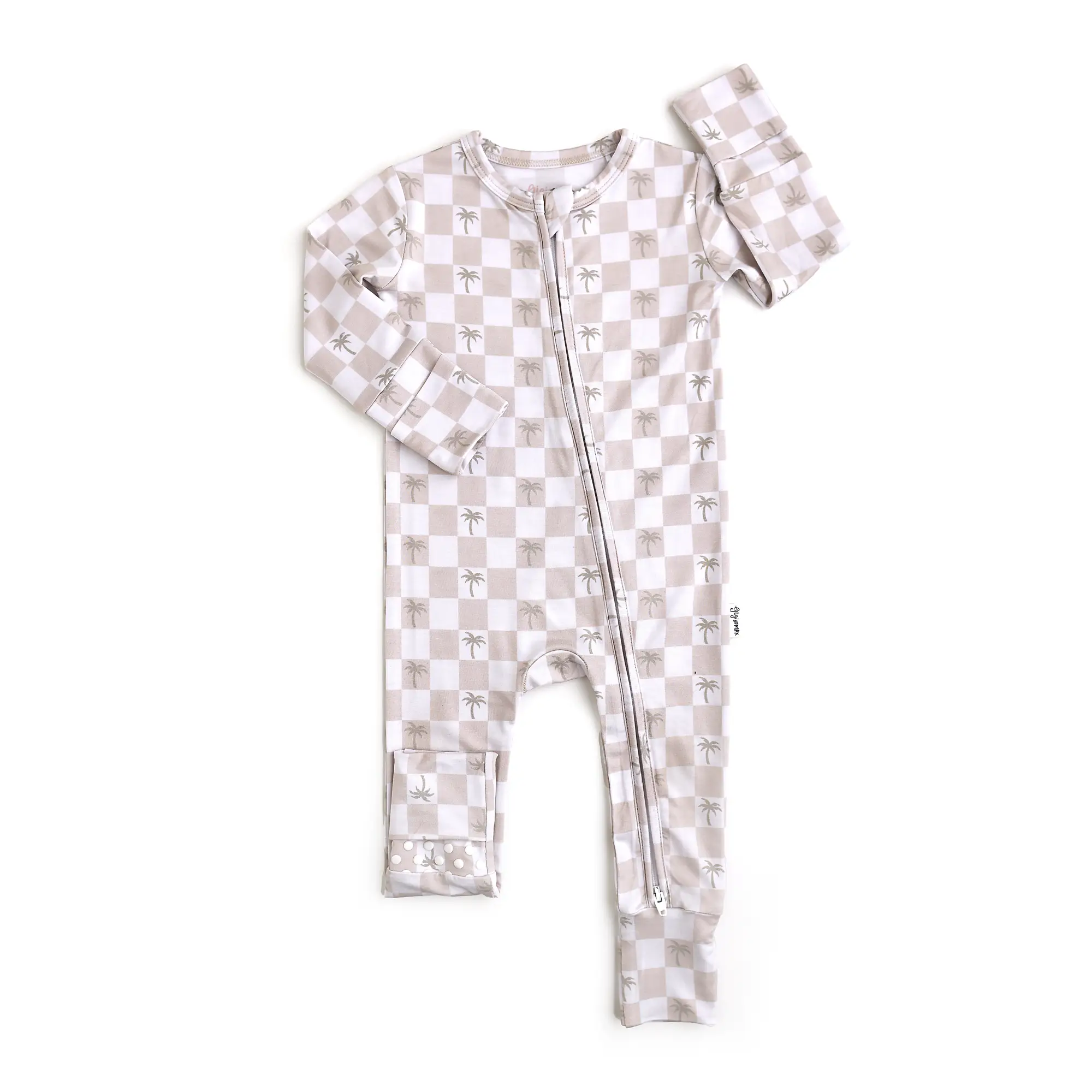 Beau Palm Tree ZIP Bamboo Baby Two Way Zipper Outfit Tan Checkers Gigi and Max Casual