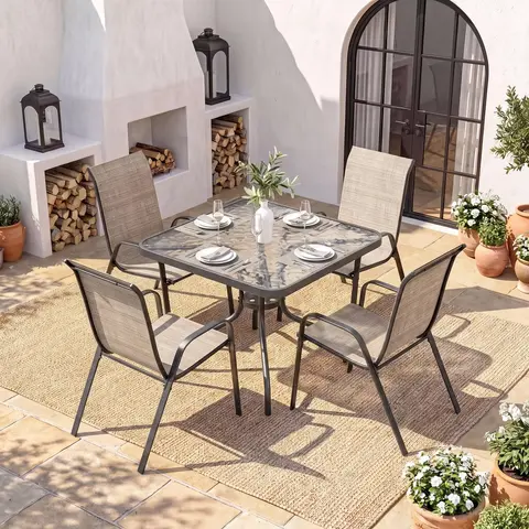 【TiktokShopStockUp】Arlopu 5/7pcs Patio Dining Set for 4/6, Outdoor Table and Chairs with 4/6 Stackable Textilene Chairs & Dining Table for Patio Lawn Garden Poolside Backyard, Black/Gray/Blue/Brown/Beige summerwins(Umbrella not Included)