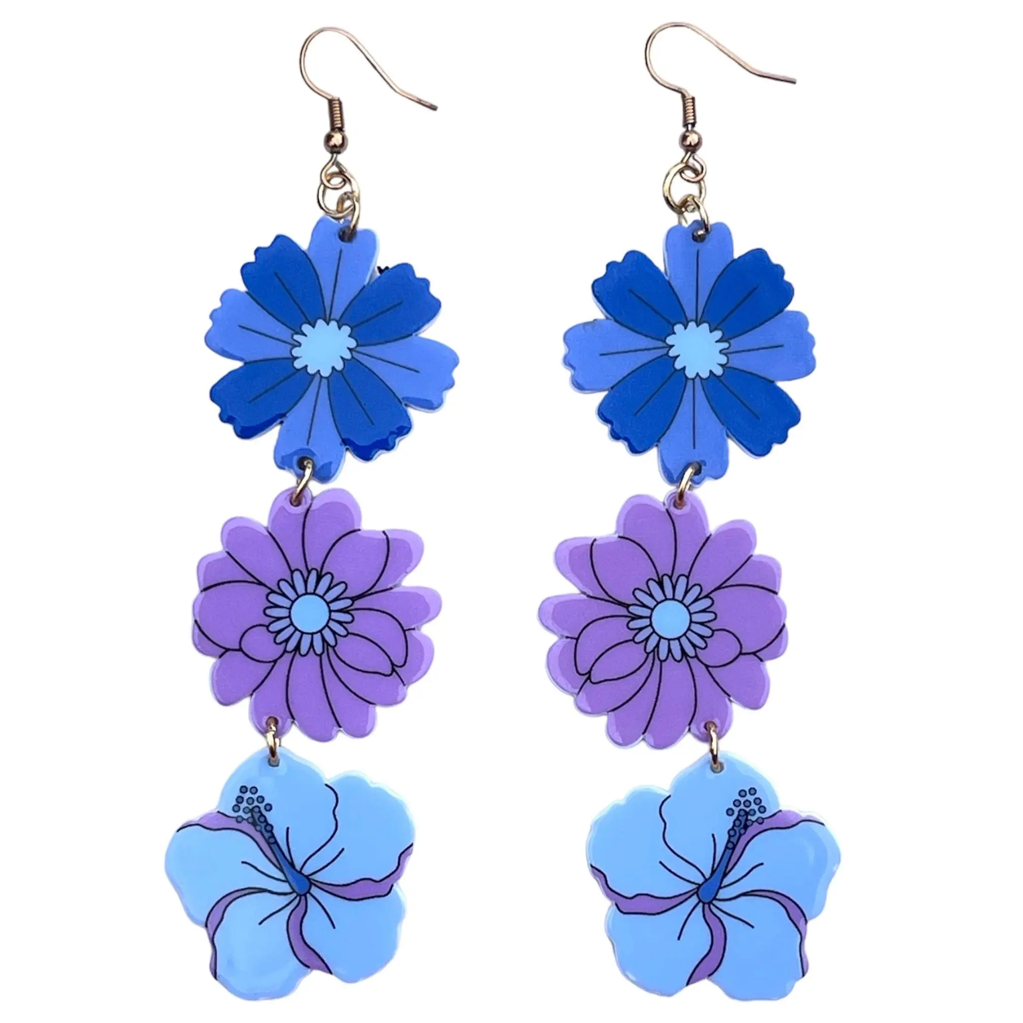 Aloha Cutie 60s Purple and Blue Flower Chain Retro Earrings