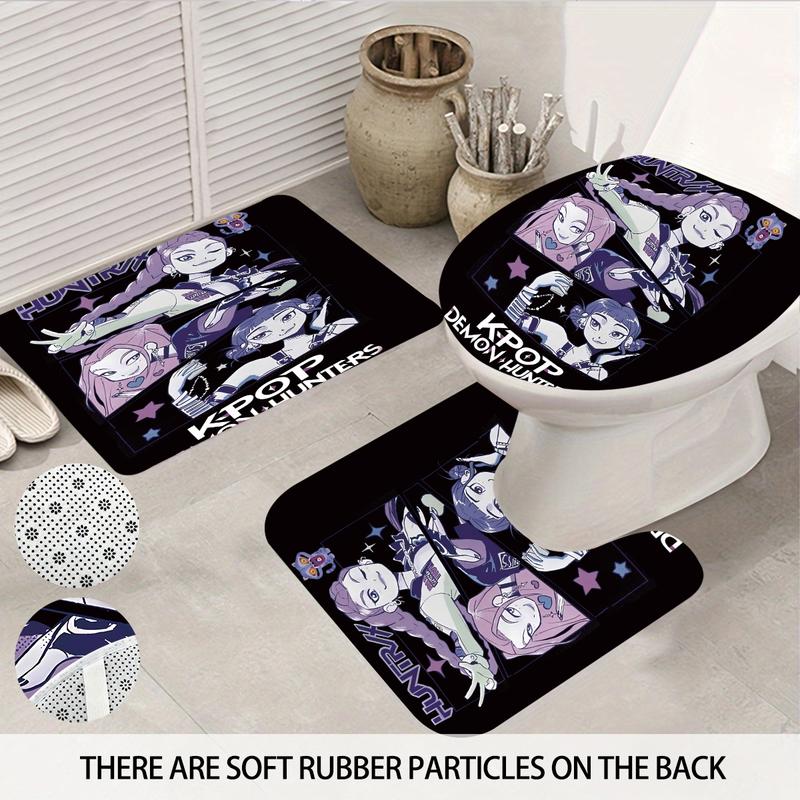 4pcs K-POP Demon Hunters Bathroom Set, Shower Curtain Sets, Shower Curtain with Hooks, Non-Slip Bath Rug, U-Shaped Toilet Mat, Toilet Lid Cover, Bathroom Decoration Accessories