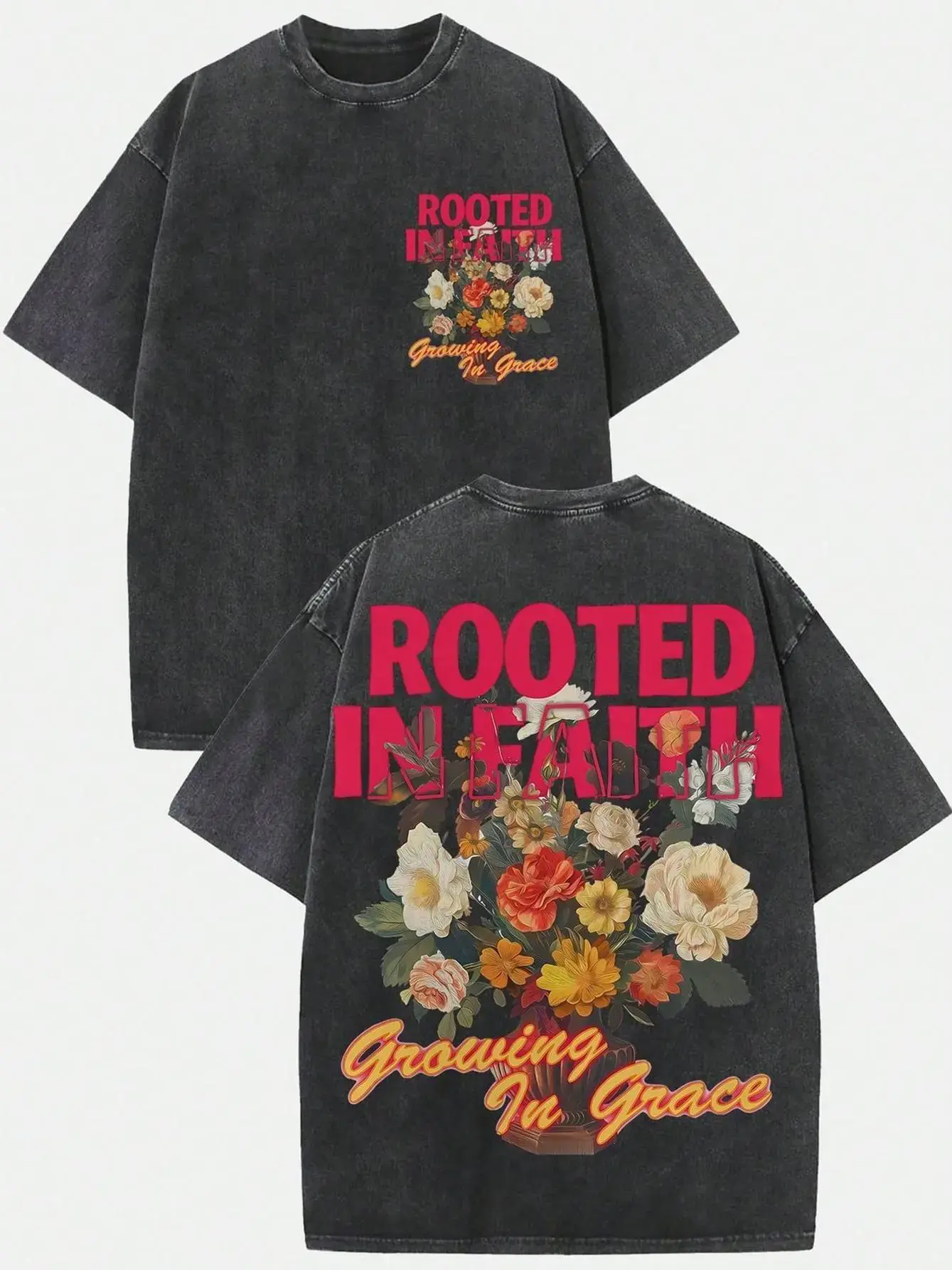 Men's Vintage Washed Oversized Christian T-Shirt - Rooted In Faith, Double Print, Growing In Grace, Vintage Floral Graphic, Religious Streetwear, Unisex Relaxed Fit, Stylish Casual Tee