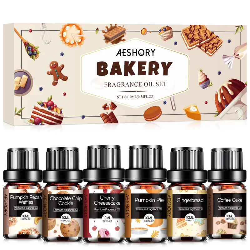 Homemade Bakery Aroma Assorted Flavors Scented Oils Set (6x10 ml) - Home Diffuser, Candle Making Cleaning Products - Pumpkin Pie,Coffee Cake,Gingerbread,Cherry Cheesecake,Chocolate Chip Cookie Scents - All Seasons Birthday Gift
