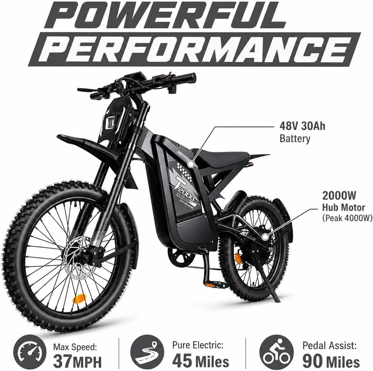 OUXI GT2000 Adult Carbon Steel Rugged Electric Dirt Bike - 4000W Motor, 48V 30Ah Battery, 90-mi Range, 40 mph Top Speed, 24x3.0 Tires, Hydraulic Brakes, Full Suspension, 150kg Load, UL2849 Certified, 85% Pre-Assembled for Adults Off-Roading & Commuting