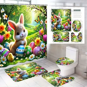 1/4pcs Easter Bathroom Set, Shower Curtain Sets - Fluffy Brown Bunny Holding Blue-White Striped Egg Shower Curtain, Toilet Seat Cover & 2 Bath Mats with Colorful Eggs, Daffodils, Tulips, Chick, Butterflies - Spring Decor for Bathroom