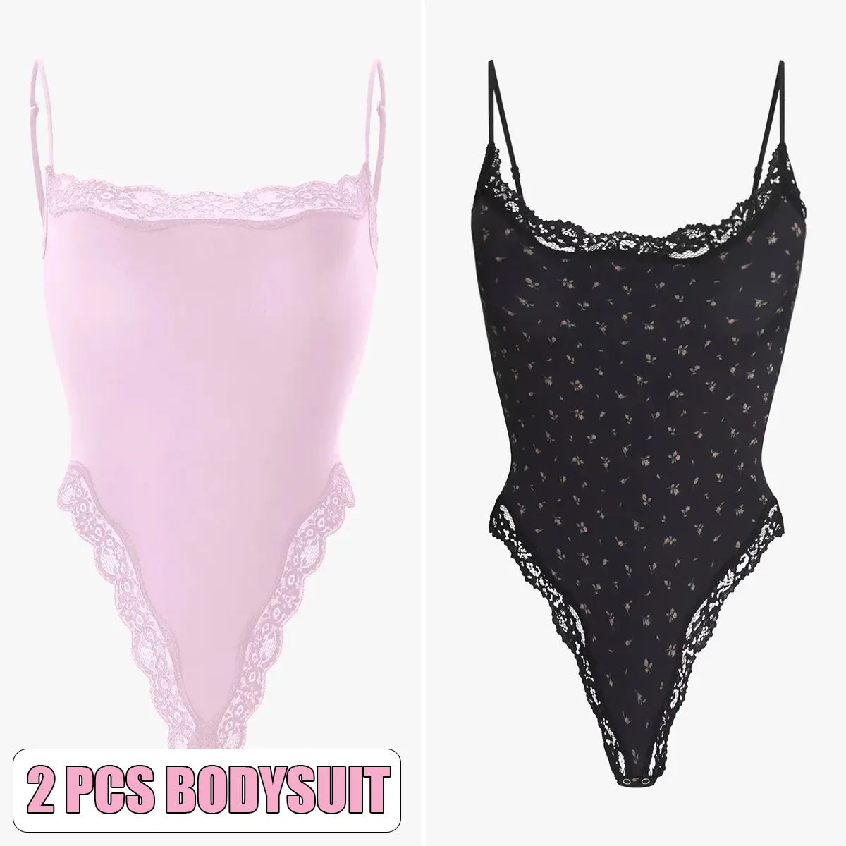 2pcs Bodysuit(Pink/Black Floral)