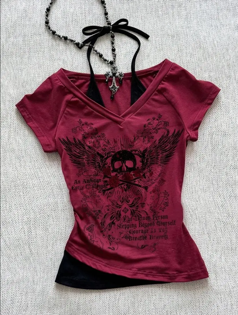 VELORA x Attitoon Women's Burgundy Grunge Retro V-Neck Halter Tie-Up Contrast Color Short Sleeve T-Shirt,Skeleton Wing Print,Y2K Vintage Everyday Summer Back To School