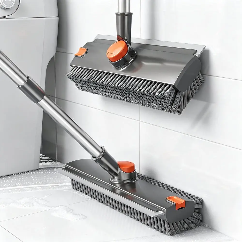 3-in-1 Rotatable Telescopic Floor Scrub Brush, Stainless Steel Extendable Handle, Compact Dense Stiff Bristles Silicone Wiper, Multi Surface Scrub Tool for Tile Basement Bathroom Balcony Household Goods Grey-Orange