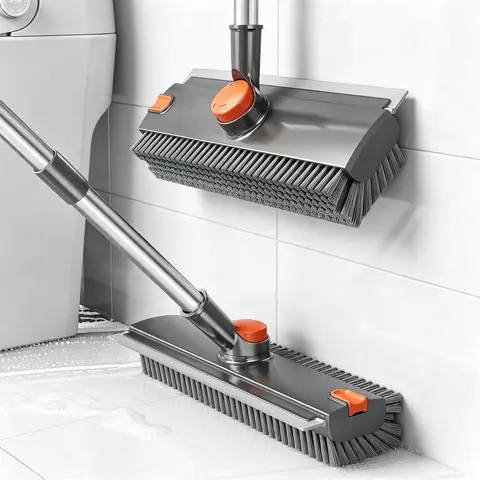 3-in-1 Rotatable Head Ab Training Tool, Stainless Steel Adjustable-Length Telescopic Handle, Compact Shape, Dense Stiff Bristles, Silicone Wiper for Household Cleaning, Multi-Surface Use (Grey-Orange)