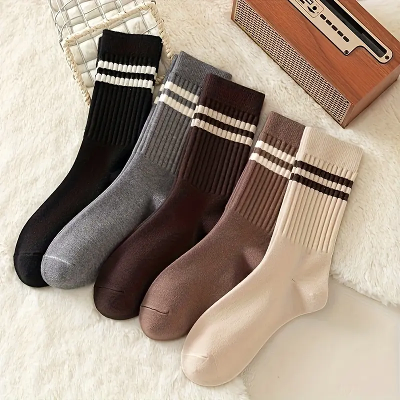 Women's Knee-High Socks Set, 5 Pairs Two-Bar Stripe Design, Fall Winter Season, Fashionable & Versatile Knitwear, Casual