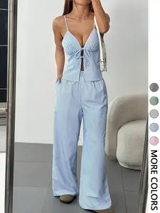 Two-Piece Set Women's Striped Print Cami Top & Wide Leg Pants, Casual Fashion Cozy Set for Daily Outdoor Wear, Ladies Clothes for Summer
