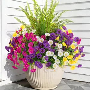 Artificial Flowers Fake Plants for Outdoors Decoration, Decorative Flowers, House Plants Decor, 12 Bundles Silk Morning Glory & Boston Fern, UV Resistant Faux Spring Flowers