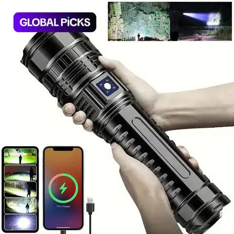 Rechargeable LED Light, Handheld Led Flashlight, 5 Modes Zoomable Tactical Flashlight, Outdoor Flashlight for Camping Hiking, USB Rechargeable Flashlight, Super Bright Flashlight, Rechargeable Powerful Flashlights GLOBAL PICKS #GLOBAL PICKS
