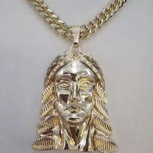 (PP1) 14KGOLDPLATED Christ Face 3 Inches Pendant with Chain - Gold Plated Necklace Jewelry