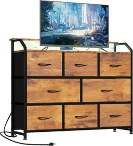 Smart TV Stand Dresser With 8 Fabric Drawers Storage Tower For Living Room Type C Charging Station Integrated Power Station