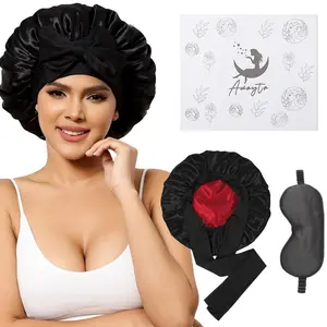 AWAYTR Reversible Double Layer Satin Bonnets and Eye Mask 2Pcs/Set for Women Two Color Silk-Like Hair Bonnet for Sleeping Cap Nightcap with Elastic Tie Band Gifts for Women