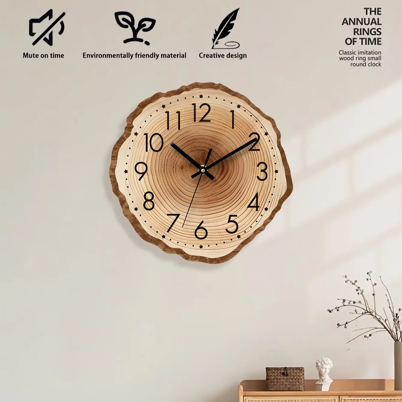 Artistic Wooden Living Room Wall Clock, Silent Operation, Flat Wood Cross Section Design, 11 Inch Battery Operated, Home Decor, School, Office