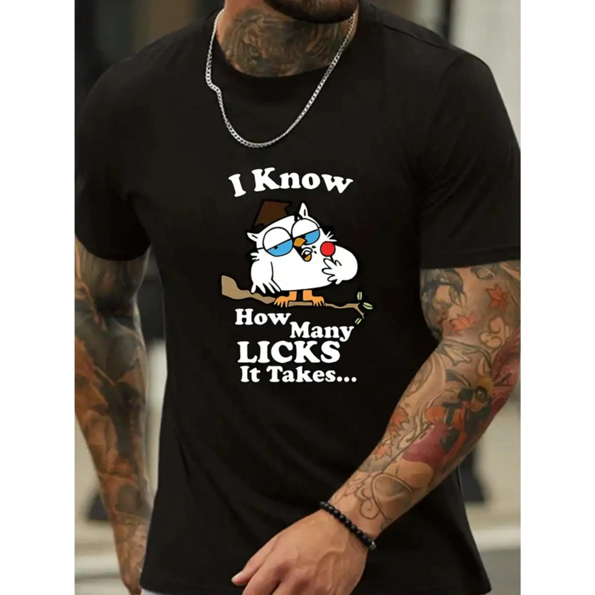 "I Know How Many Licks It Takes" Letters And Cartoon Owl Print CrewNeck Men's ShortSleeved TShirt, Slightly Stretchy, Casual And Comfortable Top, Perfect For Outdoor Fitness And Everyday Wear