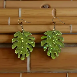 Sparkly Green Leaf Resin Earrings