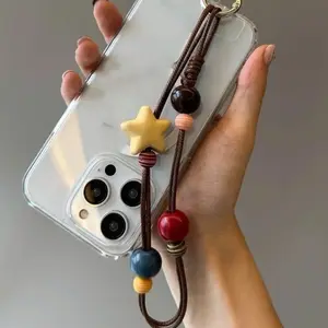 ins autumn and winter brown fashionable yellow star square oil wax line versatile mobile phone chain lanyard neck rope Phone Charm