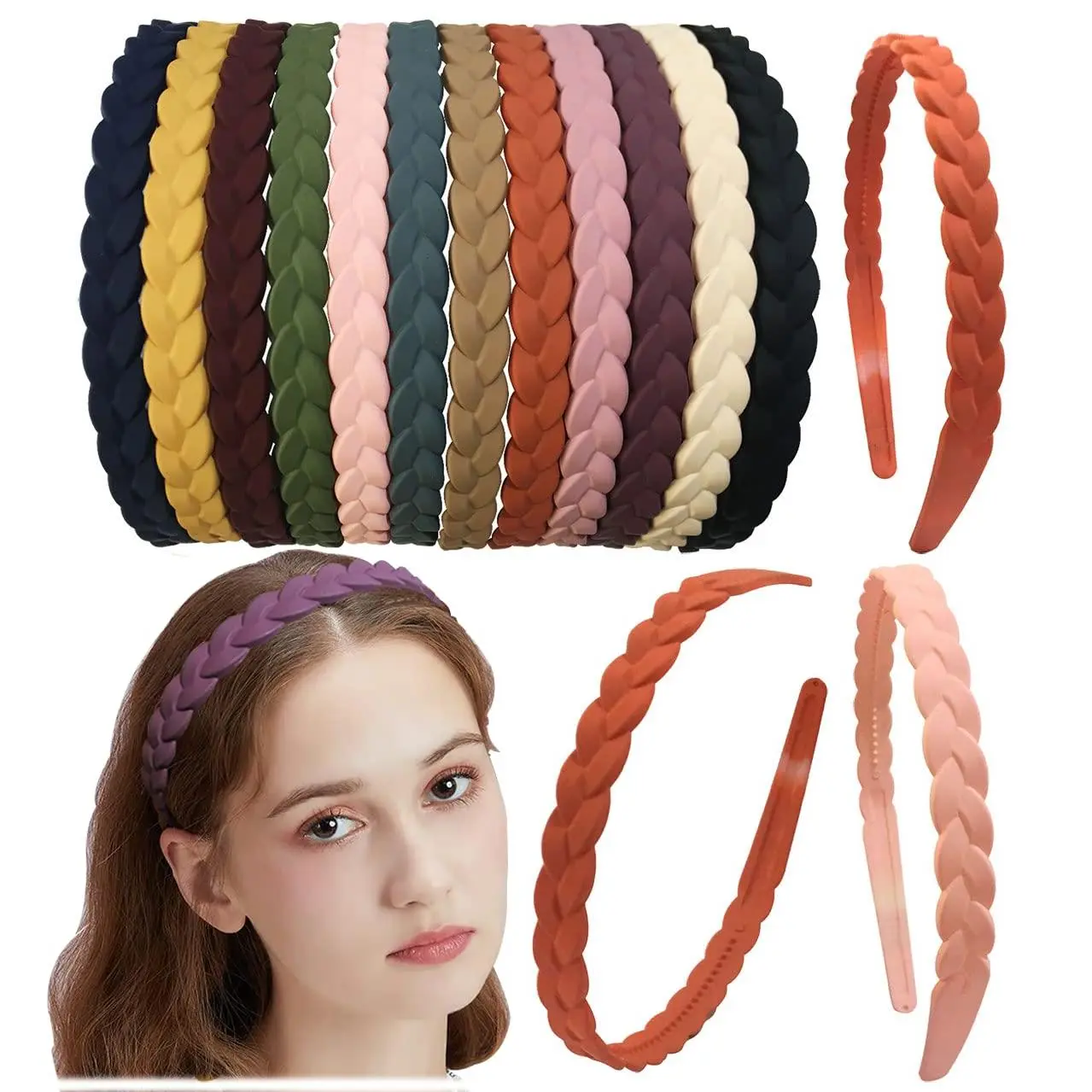 Women's & Girls' 12-Piece Flexible Plastic Headbands - 12mm Thin Solid Color Headband Accessory, Non-Slip Inner Teeth, Stays Secure for Ponytail Hairstyles, Colorful Evening Accessories, One Size, Cute Headbands