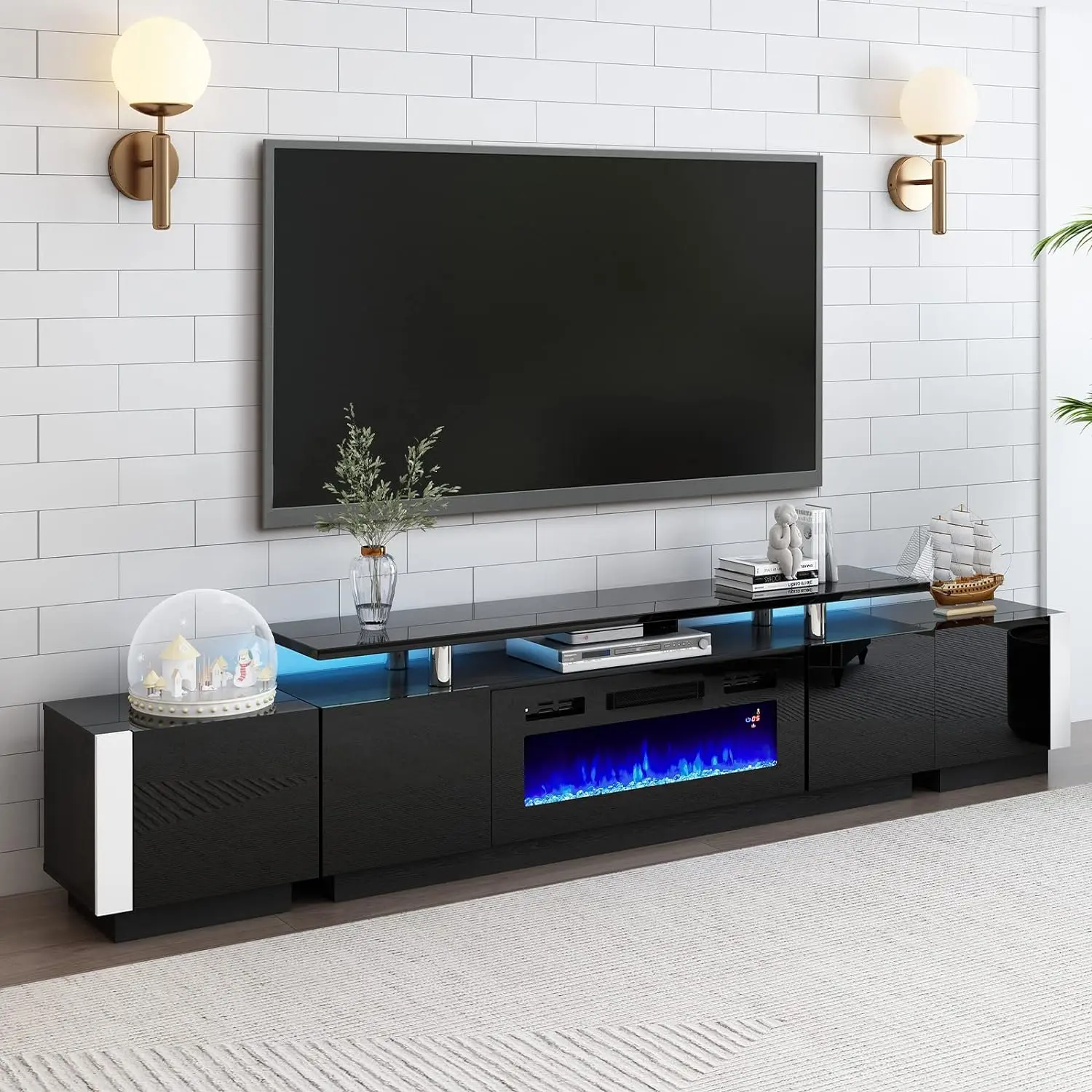 AMERLIFE 110" Large Fireplace TV Stand Set with 36" Electric Fireplace, 70" 2-Tier Stable TV Console, 2 Side Tables, Contour-Designed Cabinets, High Gloss LED-Lit Unit (109.6"w×14.4"d×22.8"h) for Living Room