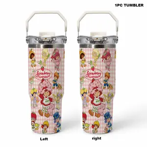 1pc 30oz Strawberry Shortcake and Friends Tumbler with Handle, Leakproof Foldable Straw Lid, Direct Drink Straw Spout Insulated Coffee Cup, Cute Retro Childhood Memory Gift for Birthday Holiday Friends Family Coworkers