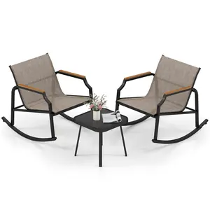 COSTWAY - 3 Piece Patio Rocking Bistro Set with Tempered Glass Coffee Table and Armrests for Porch-Brown