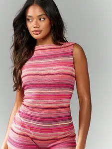 VRONA Lined Crochet High Neck Open Back Resort Wear One Piece Preppy Look