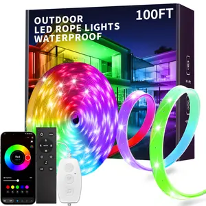 100FT 50FT 16.4FT Outdoor IP68 Waterproof and Indoor LED Strip Lights, RGB Music Sync with App Control and Remote Color Changing Led Rope Lights for Decor Balcony, Roof, Garden, Pool