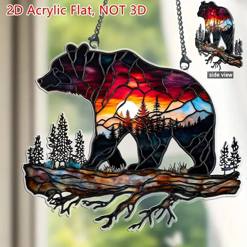 Acrylic Sun Catcher with Bear Silhouette, Forest Sunset Design, Vibrant Colors, Hanging Wall Art Decor, Decorative Hanging Piece, Wall Ornaments for Home & Outdoor, Unique Holiday Gift Idea