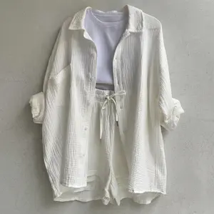2 Piece Waffle Knit Loungewear Set | Oversized Button Down Shirt + Drawstring Shorts/Includes the top and shorts only; innerwear is not included.