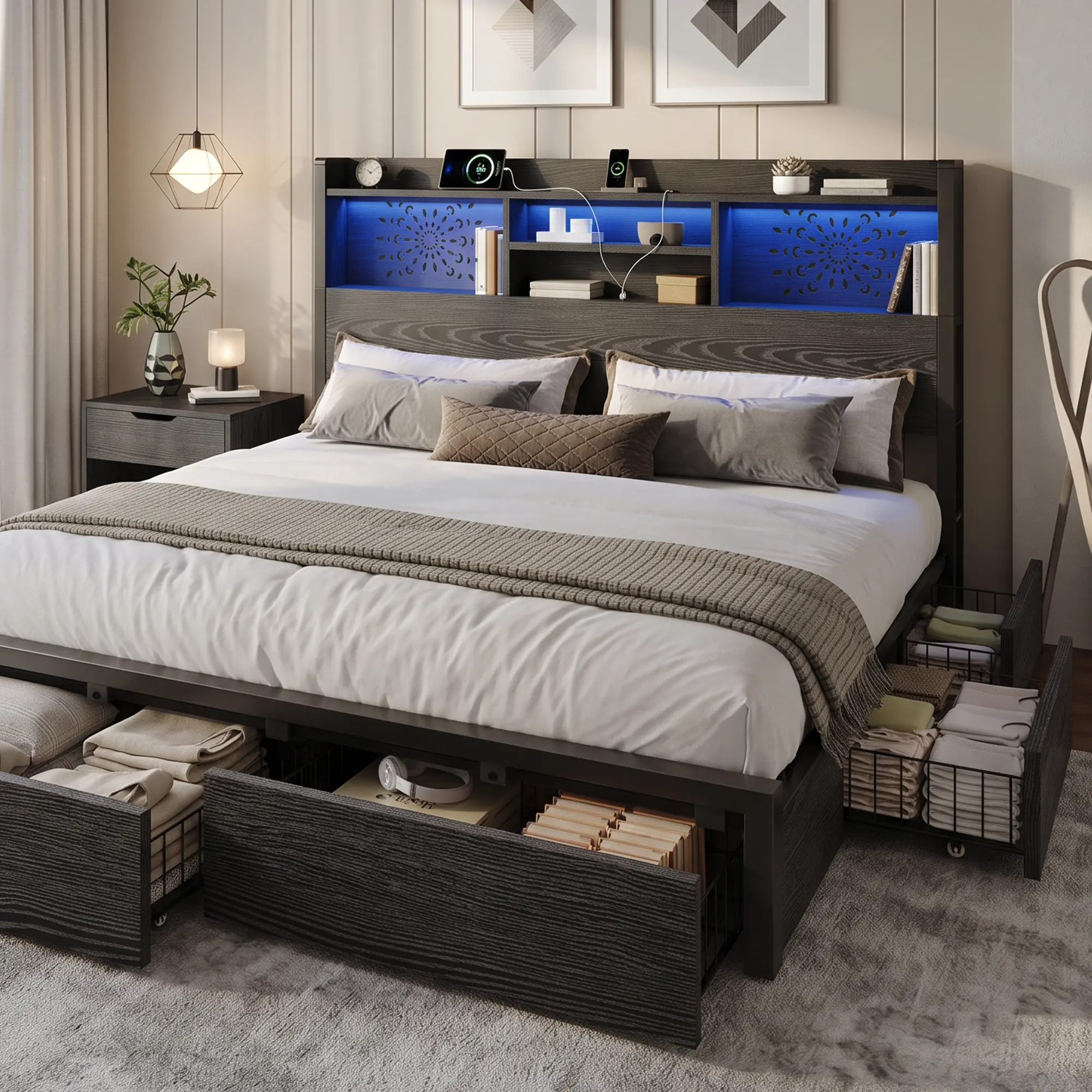 Belffin Queen Size Bed Frame Platform Bed Frame with 6 Storage Drawers for Bedroom,LED Lights &USB Charging Station,Heavy Duty Wooden Bed,Easy Setup,Vintage Black Modern Bedroom,affordable furniture,Best Gift Ideas,Christmas Gifts[tiktokshopbacktoschool]\