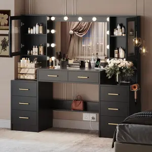 58.3" Vanity Desk with Mirror, Replaceable Lights & Charging Station, 8 Drawers and 2 Cabinets, Large Dressing Makeup Vanity Table for Bedroom, No Stool Included, Available in White/Black/Pink