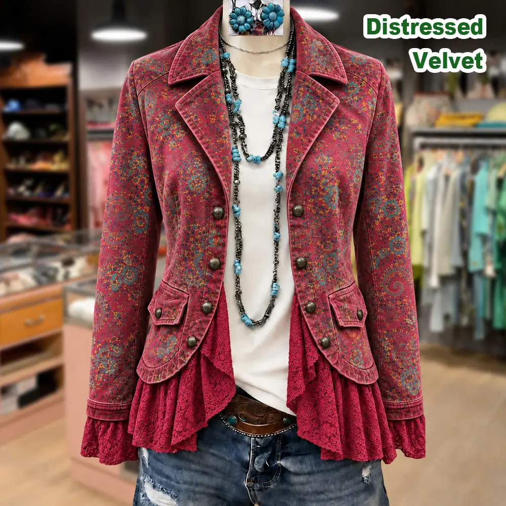 Cherrybetty Retro Boho Paisley Print Lace Patch Velvet Jacket Women's Clothes Fall Fashion Clothing Outfit Inspo Comfort Winter Outfits Going Out Tops