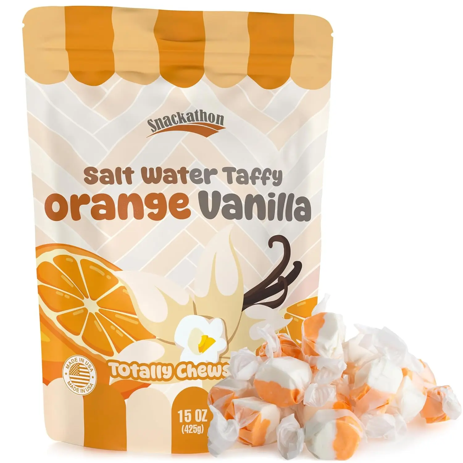 Snackathon Salt Water Taffy Single Flavor, Orange Vanilla, Bulk Individually Wrapped Gourmet Candy, Soft & Chewy Sweet Treats, 15 oz Resealable Bag