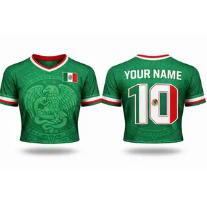 Mexico Soccer Graphic Crop Top for Women | Aztec Sun Stone Design Green Jersey | Y2K Baddie Aesthetic Streetwear, Mexican Flag Inspired Summer Tee
