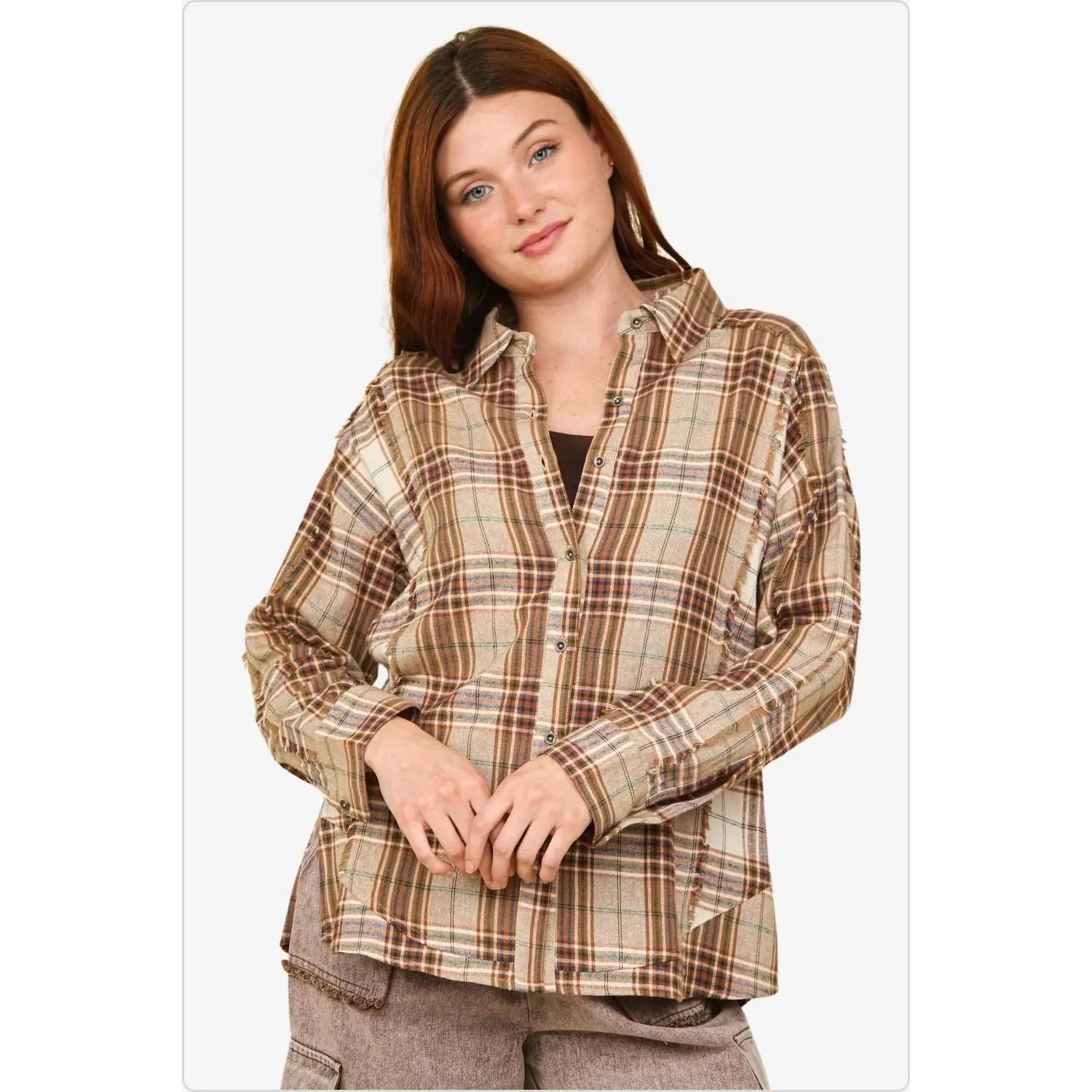 Women's Contrast Plaid Detail Casual Shirt Top in Taupe