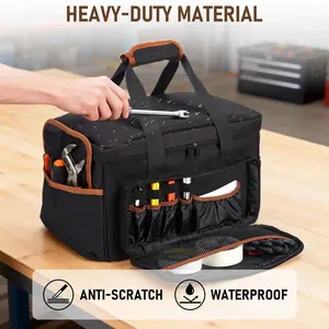 17 Inch Heavy Duty Tool Bag, Oxford Fabric Wear-Resistant Tool Tote Bag, Wide Mouth Design with Multiple Pockets, Adjustable Shoulder Strap, Waterproof Tool Organizer for Electrician Mechanic Carpenter HVAC